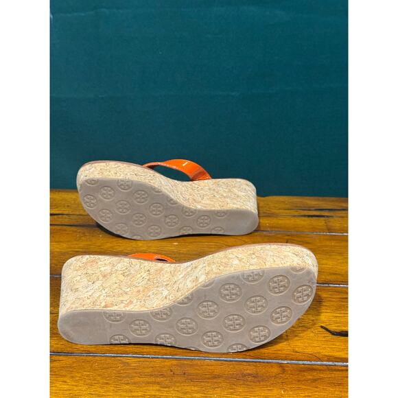 Tory Burch Size  7.5 Orange Suzy Leather Cork Wedge Platform Sandals - Picture 4 of 7